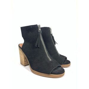 Lucky Brand Ohana Black Suede Sandal Bootie Open Heel Wood Peep Toe Women 7.5